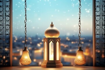 Obraz premium Eid mubarak and ramadan kareem greetings with islamic lantern and mosque. Eid al fitr background