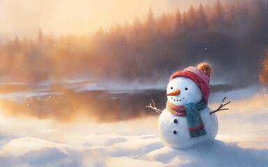 夕焼けの湖のそばに作った雪だるま