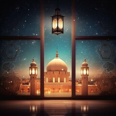 Eid mubarak and ramadan kareem greetings with islamic lantern and mosque. Eid al fitr background