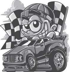 Young Racer Character Black and White Illustration