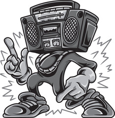 Radio Characters Dancing Black and White Illustration