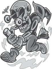 Witch Skull Monster Character Black and White Illustration