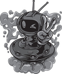 Space TV Robot Characters Black and White Illustration