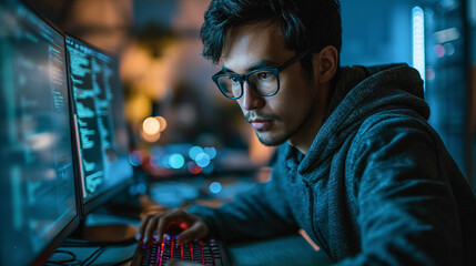 Focused man wearing glasses works on a computer with code on the screen in a dimly lit room - obrazy, fototapety, plakaty
