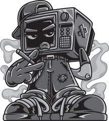 Smoker Old Television Characters Black and White Illustration