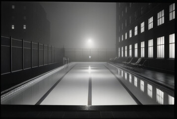 Swimming pool in the fog at night. 3D rendering.