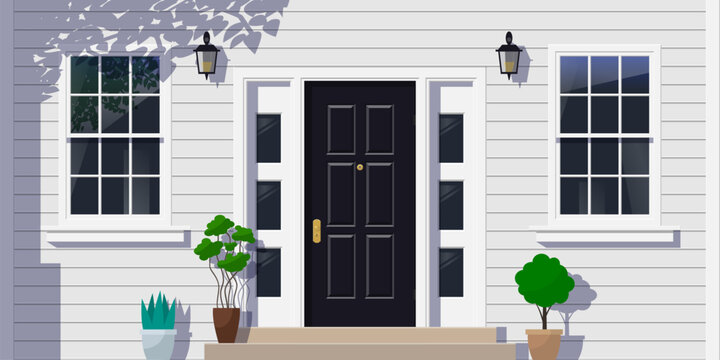 house facade  front entrance door windows potted plants exterior design vector illustration