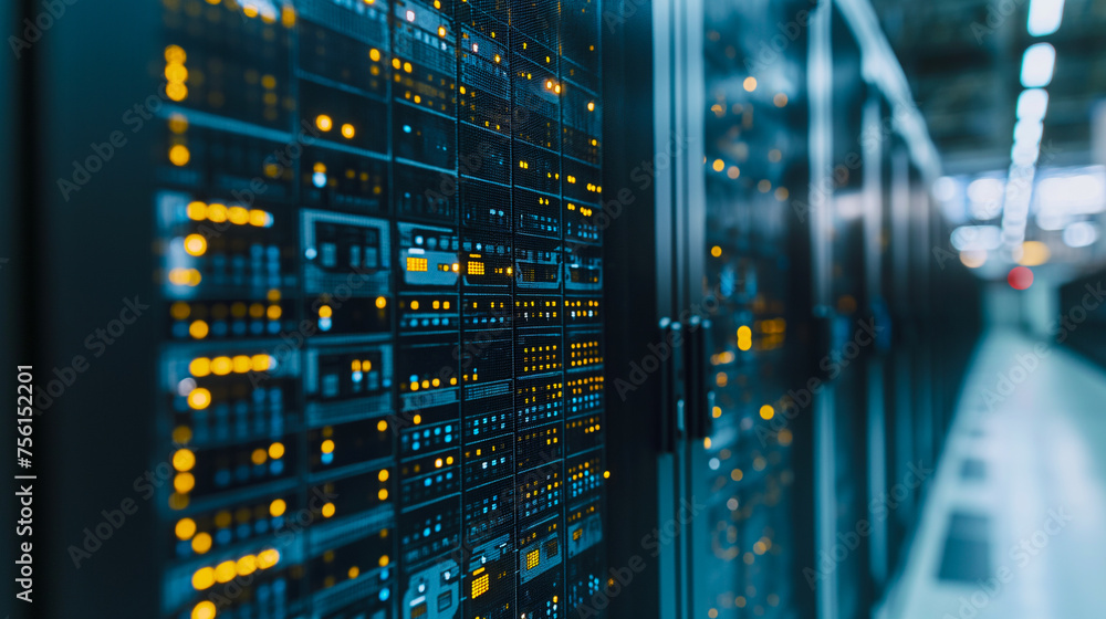 Poster server room with rows of illuminated server racks in a data center
