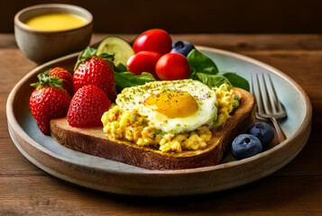 Breakfast with scrambled eggs, toast and fresh berries on wooden background
