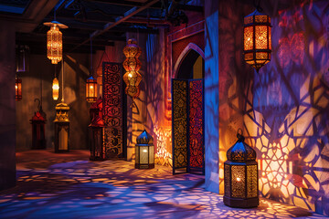 Ramadan Kareem with serene mosque and moon background with beautiful glowing lantern