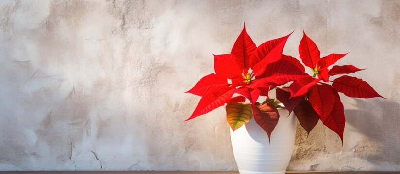 Two carmine poinsettia flowers sitting in a white vase atop a table, creating an elegant centerpiece for the room