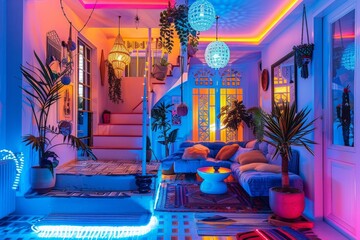 This image captures a lounge area bathed in neon lights, highlighting comfortable seating and decorative elements