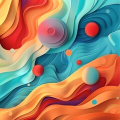 Vibrant 3D Paper Art with Colorful Waves and Balls, To provide a unique and artistic 3D paper art design with colorful waves and balls for various - 756152814