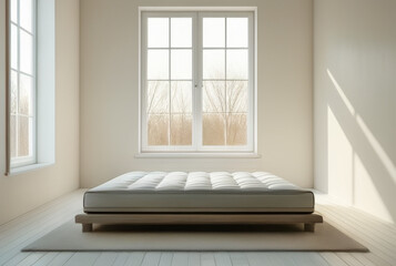 Comfortable white bed in room with window view. 3d render
