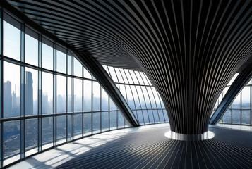 Interior of modern office building with panoramic windows and city view
