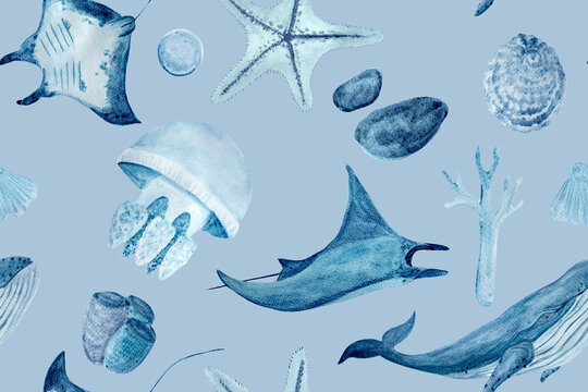 Watercolor hand-drawn monochromatic seamless pattern on blue. Blue whale, a manta ray, shells, a starfish ,a polyp and a coral