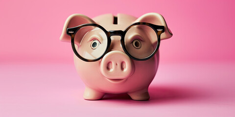 Piggy bank wearing glasses on pink background