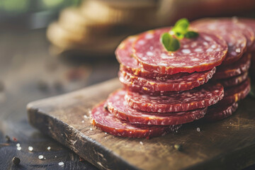 Close up of stacks of sliced salami on a wooden cutting board