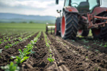 Fototapeta premium Agricultural field prepared for planting, working tractor on background