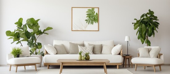 Furniture arrangement in modern white interior with wooden sofa and green plants