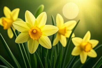 Daffodils in the garden. Spring background with flowers.