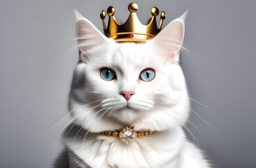 White cat with a crown monochrome background