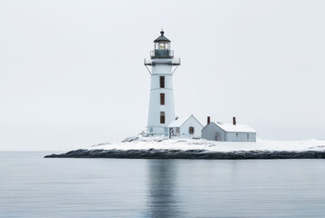 Lighthouse on a snowy island in the middle of the sea.