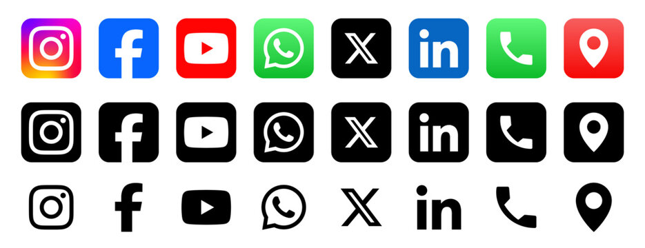 social media icons. social media logo , facebook, instagram, youtube, whatsapp, twitter, x, linkedin, icon - contact us icons call, location icon sign - social network logos collection vector set.