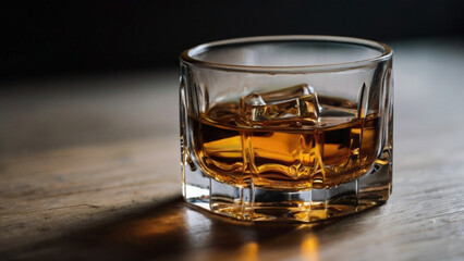 a glass with whiskey and ice