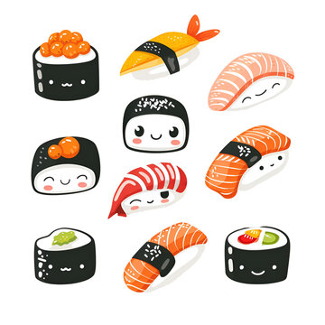 Cartoon Style Sushi Nigiri Sushi Roll Logo Illustration No Background 