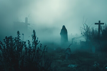 the ghostly apparition of a figure standing amidst the mist and shadows of an old cemetery - obrazy, fototapety, plakaty