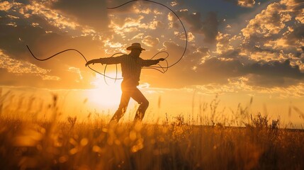Cowboy Playing With Lasso Rope At Sunset - obrazy, fototapety, plakaty