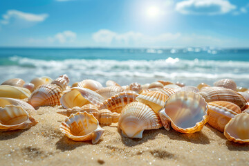 Wallpaper,close up of many seashells, sea shell on the sandy beach, with ocean in the background