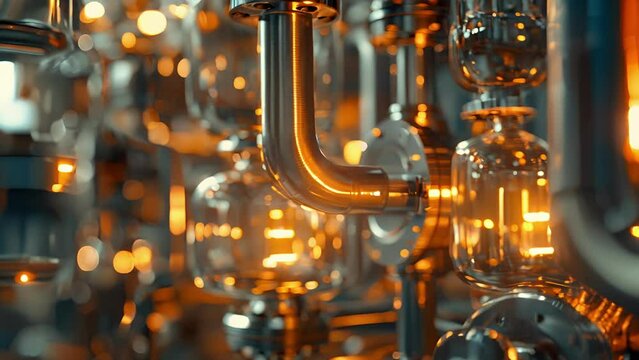 A closeup of a complex and precise machine used for distillation and purification of liquid precursors its intricate network of tubes and valves shining in the light.