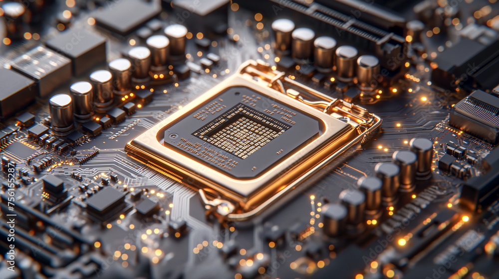 Poster detailed view of a golden central processing unit on a circuit board with complex connections