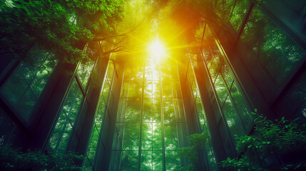 Sunlight streams through a dense forest, shining between tall trees and illuminating the lush greenery