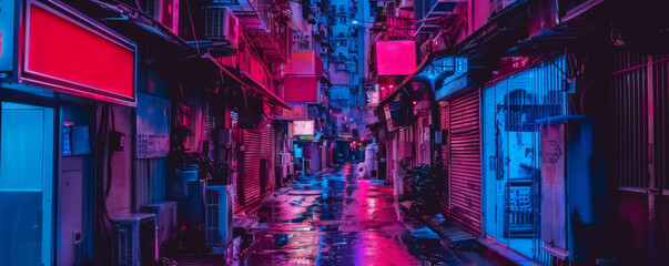 Neon-lit street in the rain at night.