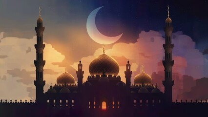 Fototapeta premium Ramadan wallpaper with a silhouette of a mosque at dusk