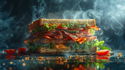Cinematic studio light illuminates a gourmet club sandwich showcasing intricate details and textures floating against a sophisticated studio background