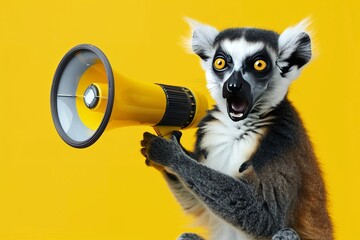Lemur Animal Holding Megaphone with Yellow Background