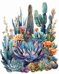 rare watercolor art featuring a blend of succulents, cacti, and mythical species, a detailed and captivating exploration of nature's hidden wonders, vibrant and full of imagination on white background
