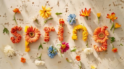 Write the word "spring" using flowers,creative wallpaper,spring themed image,clear background