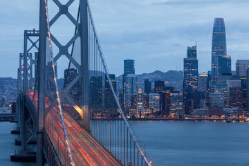 Cars Crossing San Francisco-Oakland Bay Bridge Leaving Light Trails at the Blue Hour. Treasure...