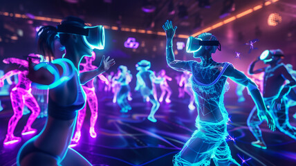 A lively virtual reality dance club with holographic dancers and people in augmented reality headsets dancing to neon-lit music.