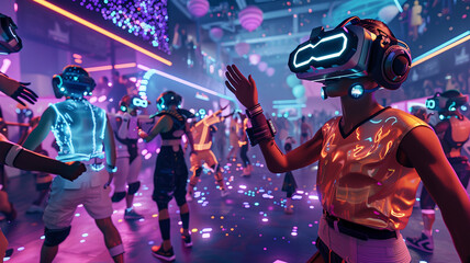 A vibrant, immersive metaverse space with holographic projections of people dancing and...
