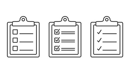 Three check list line icons, clipboards with check boxes, vector eps10 illustration