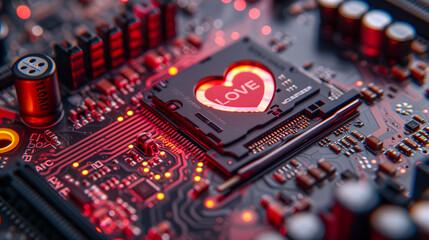 Fototapeta na wymiar A red heart with the word 'love' on a chip set within a detailed motherboard, highlighting the human aspect in technology