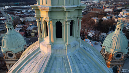 The copper domes of a Polish church in Pittsburgh