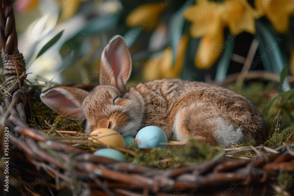 Wall mural sleeping bunny in a basket