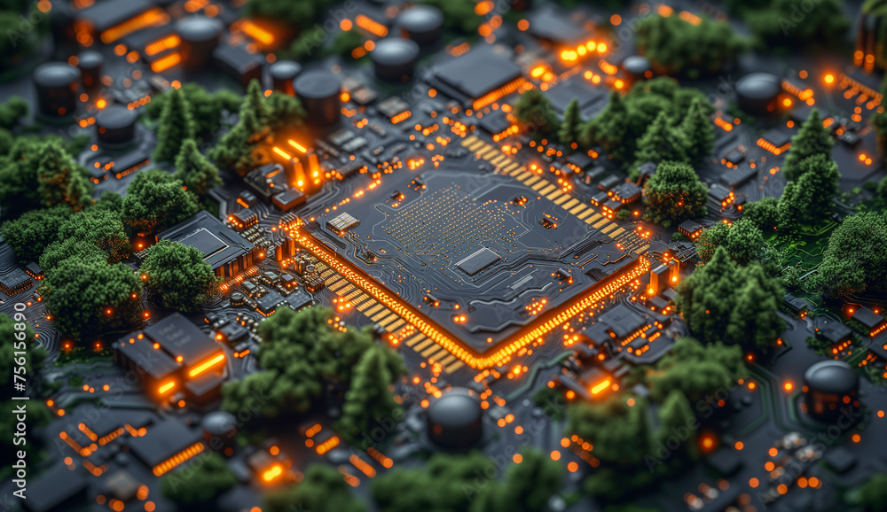 Poster a computer chip centralizes amidst a green forest with circuit patterns extending like roads